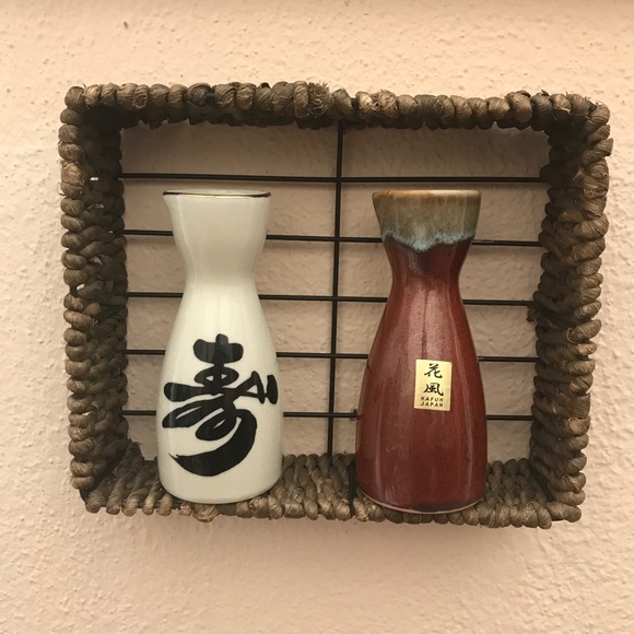 Other - 2 Japanese Sake bottles in a wicker & metal basket